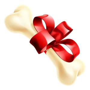 An illustration of a big dogs bone wrapped in a ribbon and bow as a Birthday or Christmas gift